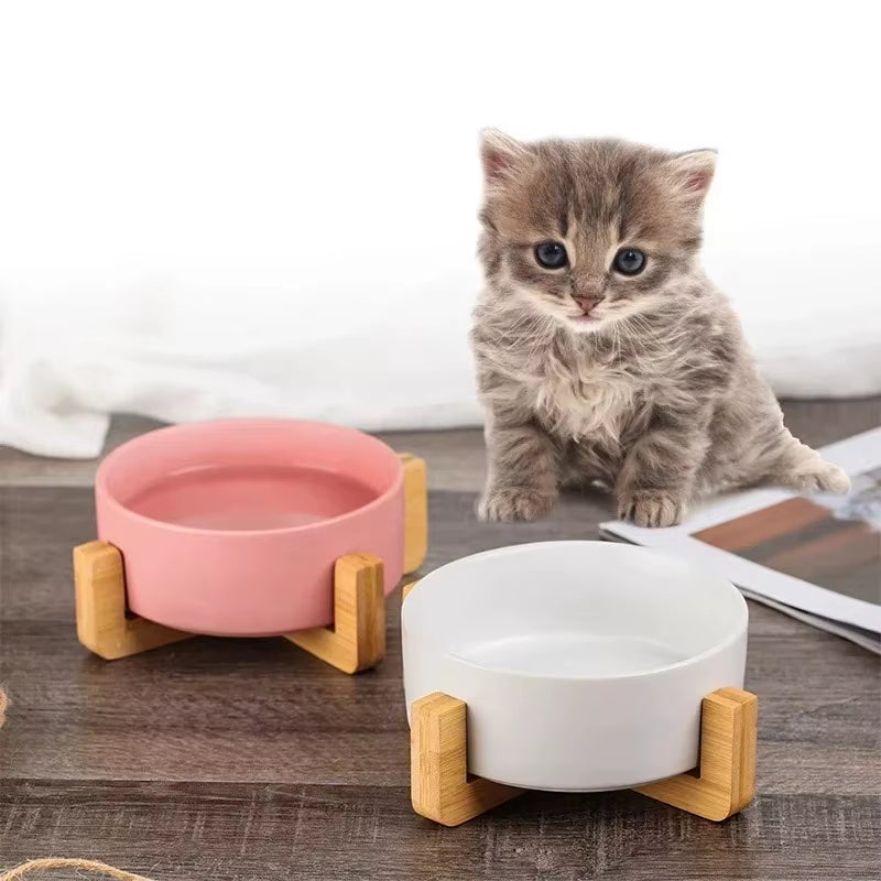 Ceramic Pet Bowl Dish with Wood Stand No Spill Pet Ceramic Double Bowl for Dog Cat Food Water Feeder Cats Small Dogs Pet Bowl